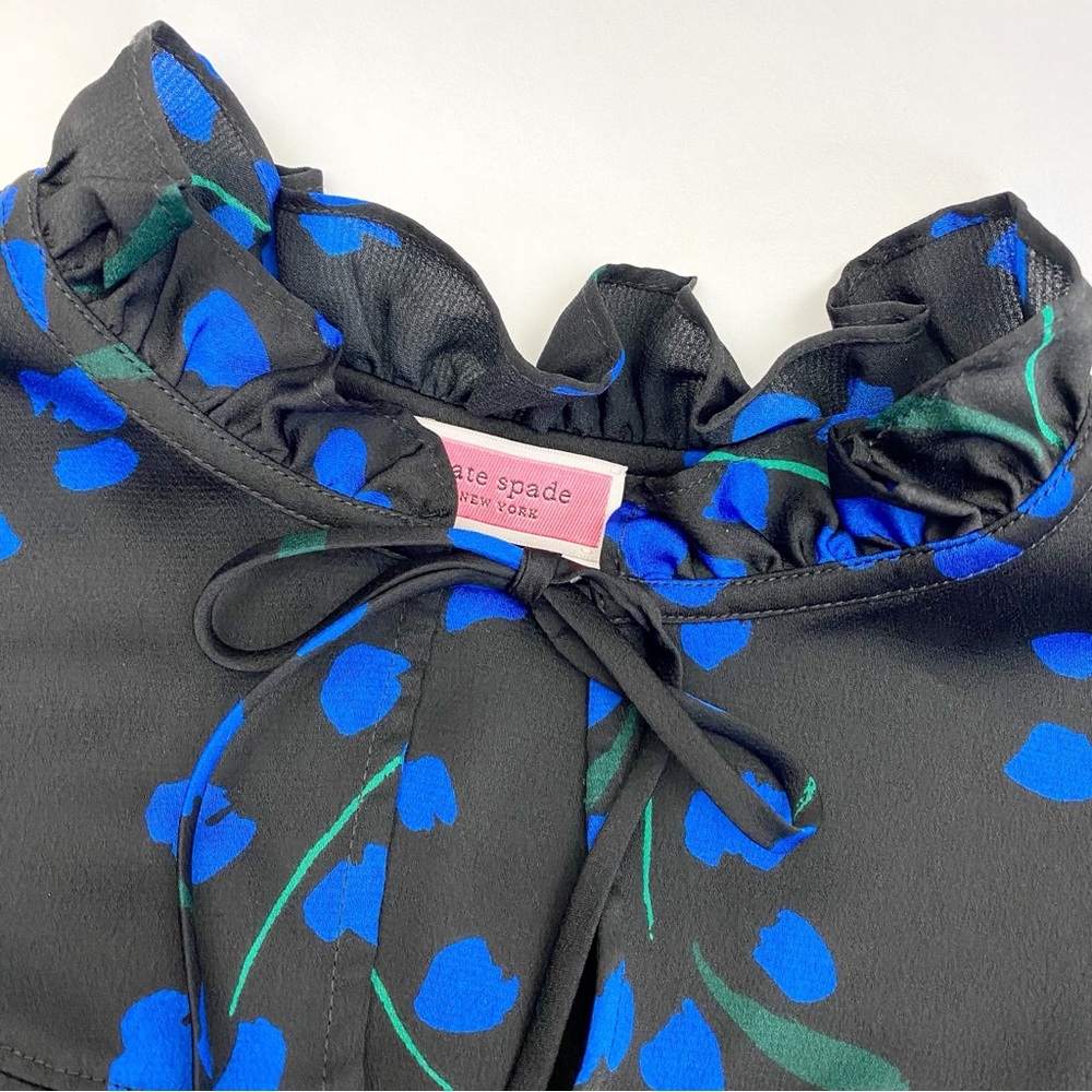 NEW Kate Spade Seabreeze Floral Ruffle Blouse Top Long Sleeve Black Blue - Picture 9 of 13